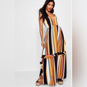 Boohoo striped lace up back maxi dress with side ruffle sz10
